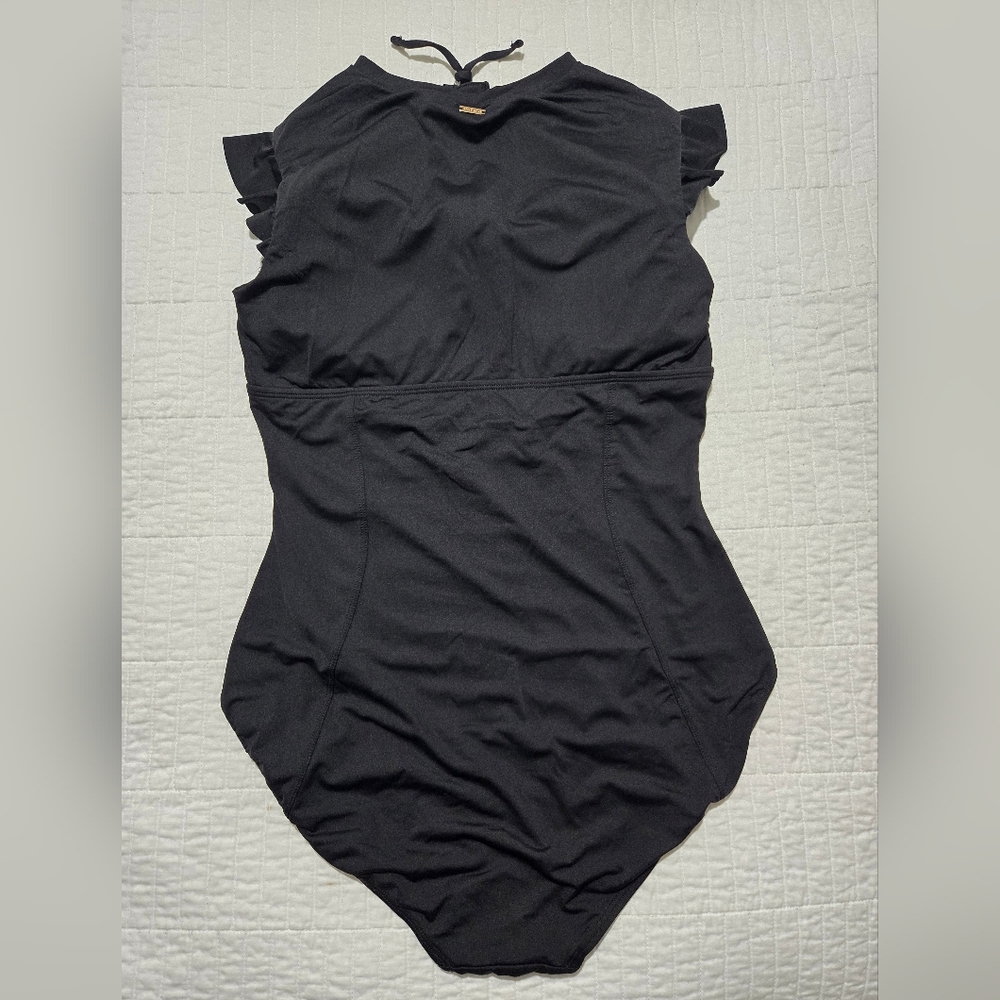 Anne Cole Black Zip-Front Ruffle Sleeve One-Piece Swimsuit - Picture 6 of 7